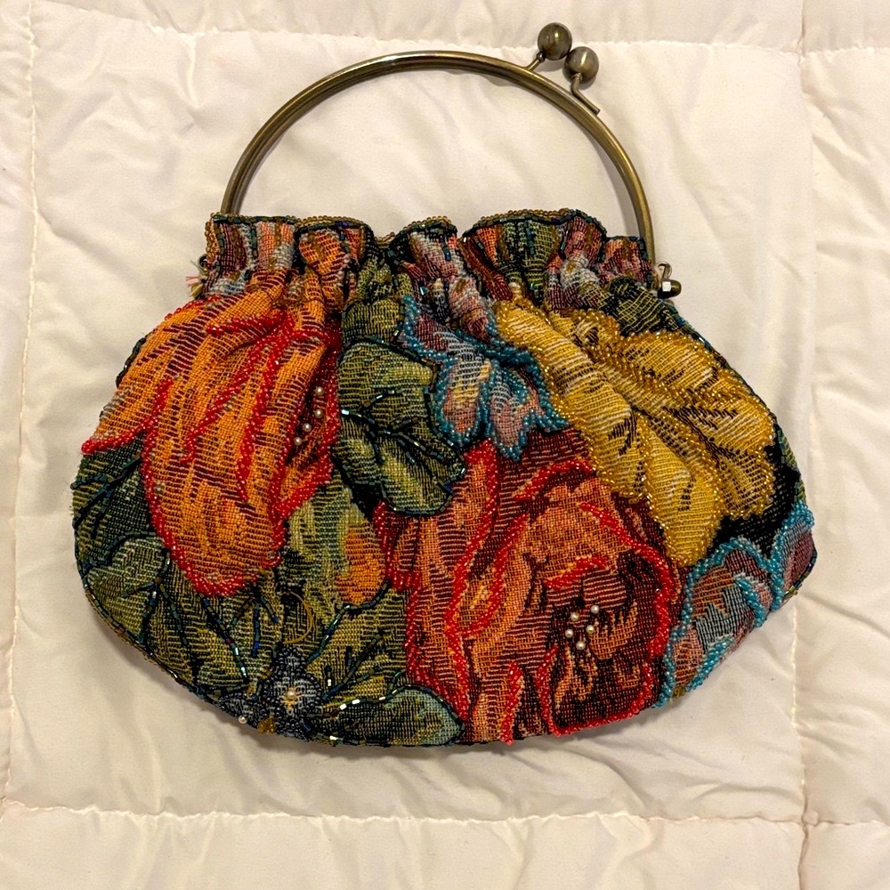 Floral Embroidered Women's Bag with Metal Handle